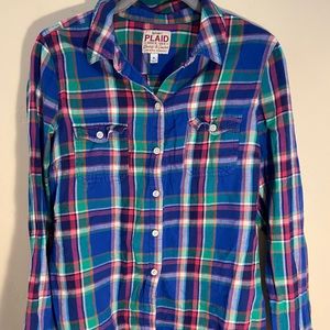 Old Navy Blue Green Plaid Cotton Button Down, Med